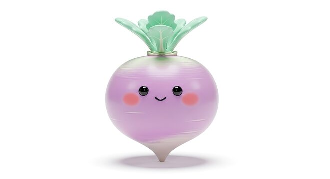 Cute 3D purple radish character smiling on white background