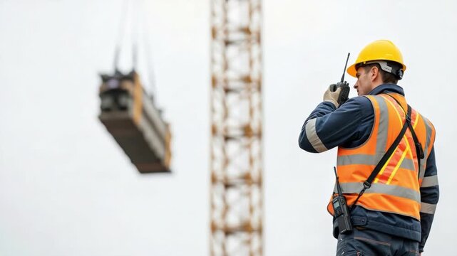 Construction Site Signalman Using Radio to Coordinate Crane Load Lift