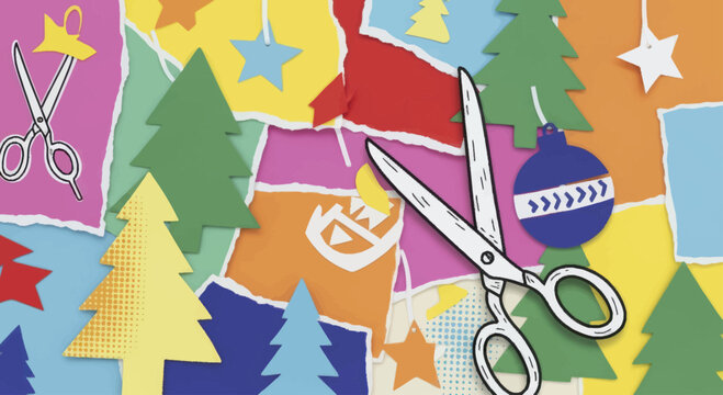 Colorful Christmas Crafting with Scissors and Holiday Decorations.
