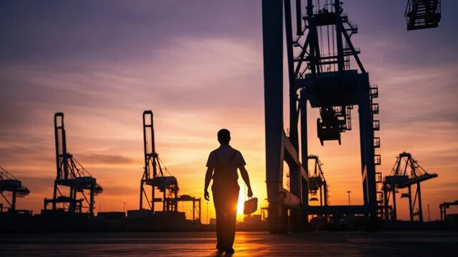 Silhouette of a male maritime logistics specialist at a shipping container terminal during sunset