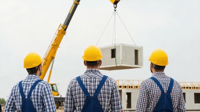 Construction Workers Watching Modular Prefabricated Home Installation with Crane