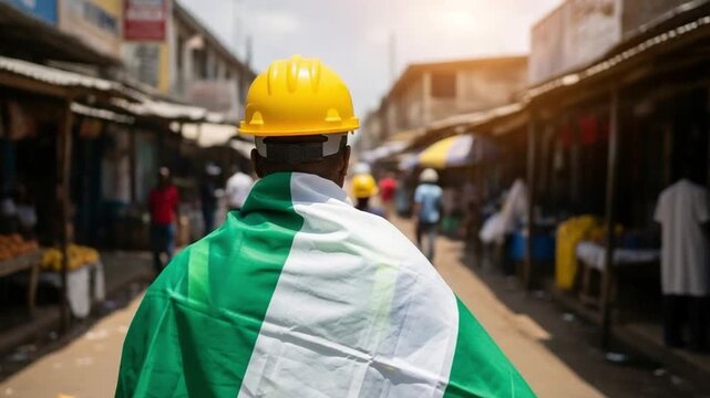Nigerian construction worker wearing hard hat and national flag walking through busy outdoor market street