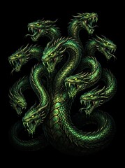 Fototapeta premium Fearsome green multi headed hydra mythical beast illustration.