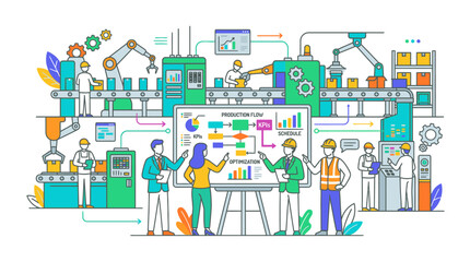 Naklejka premium Illustration of industrial workers collaborating around a table with a large screen displaying graphs and charts in a modern factory setting with various machinery and equipment.