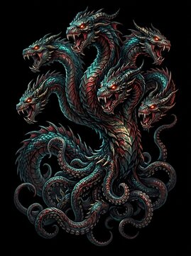 Fearsome multi-headed hydra monster with glowing red eyes on black background.