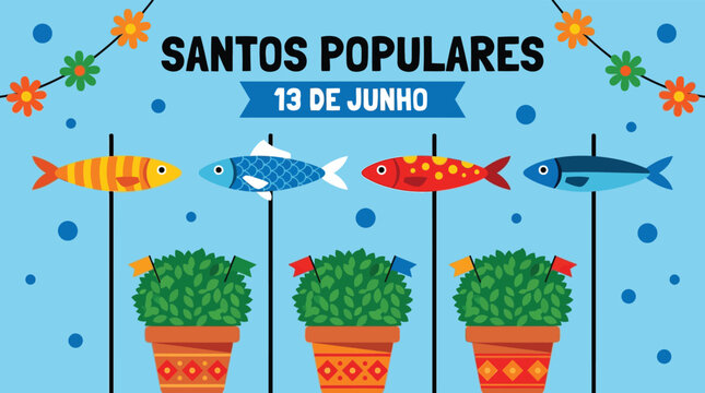 Colorful Portuguese Summer Festival Illustration with Grilled Sardines and Potted Basil Plants Celebrating Traditional Street Party Culture