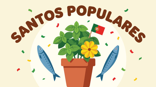 Traditional Portuguese Santos Populares Festival Illustration with Basil Plant Sardines and Flag Celebrating Summer Popular Saints Traditions