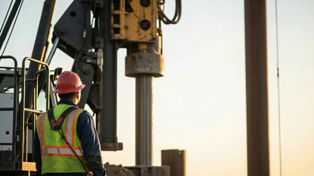 Male Civil Engineer in Safety Gear Supervising Foundation Piling at Construction Site