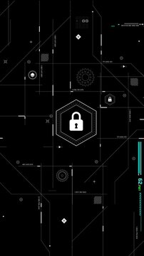 Vertical futuristic tech overlay featuring white padlock security icon, AI digital grid data lines, and minimal HUD elements on black background