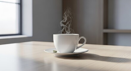 Fototapeta premium Steaming white coffee cup on wooden table near window