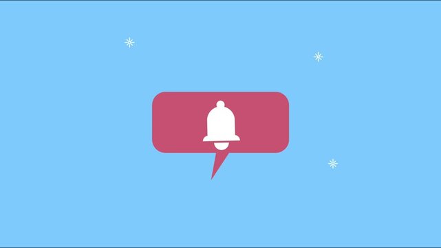 Animated notification bell icon on pink speech bubble with twinkling stars over blue background for social media alerts.