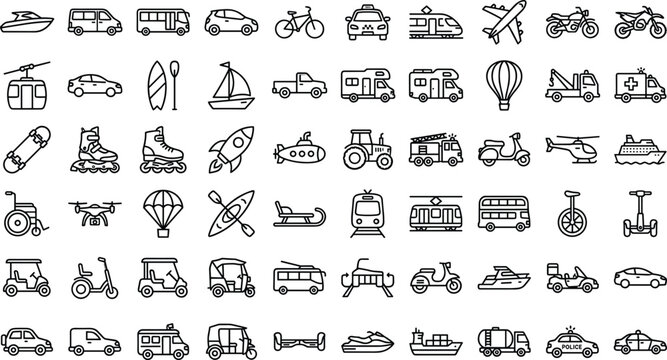 Transportation logistics and vehicle line icons mega collection pack car bus train rocket vector