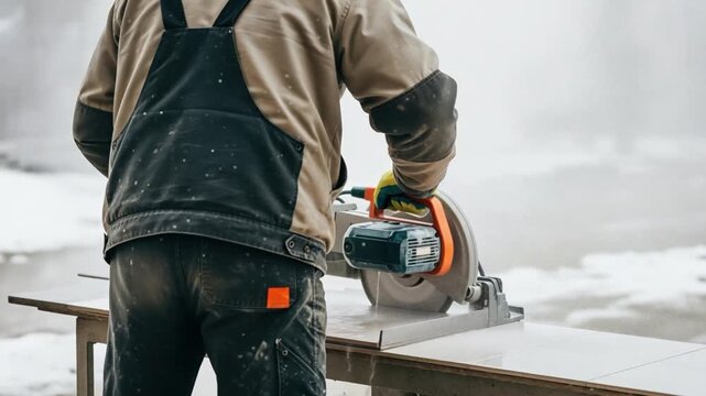 Professional male construction worker cutting ceramic tile with electric saw on outdoor winter site