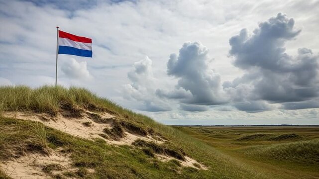 Dutch flag waving on a grassy sand dune in a coastal landscape under a dramatic cloudy sky