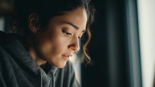 Close up of pensive young woman looking down thoughtfully by window