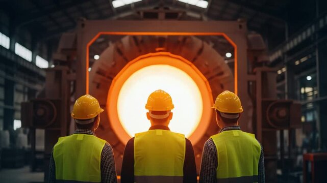 Three male engineers in safety gear monitoring a glowing nuclear fusion reactor core in a facility