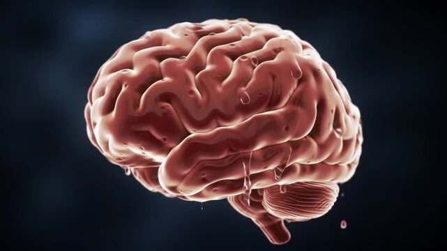 High detail medical visualization realistic floating brain with natural organic texture detailed cortex anatomy subtle wet reflections soft cinematic lighting dark atmospheric background smooth floati
