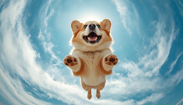 Happy pembroke welsh corgi jumping mid-air against a beautiful blue sky