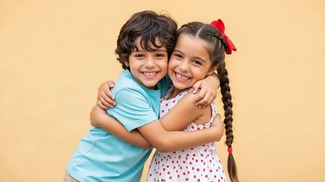 Happy Hispanic Boy and Girl Hugging Each Other Smiling Against Yellow Background