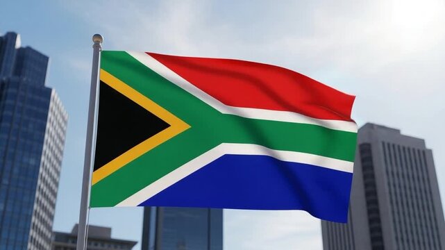 South African flag waving in the wind against a modern city skyline background for national pride and business concepts
