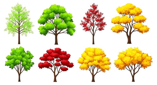 Variety of illustrated trees with lush green red and yellow foliage