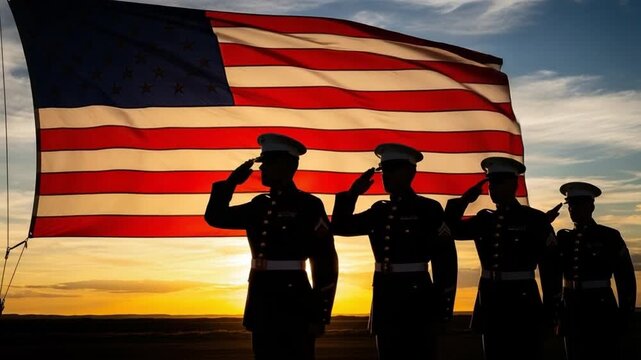 US Marines in Dress Blues Saluting American Flag at Sunset Military Ceremony