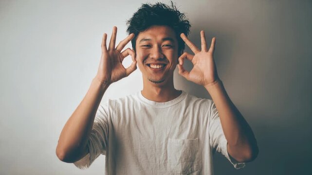 Casual Asian man in white shirt grinning while showing double OK hand gesture