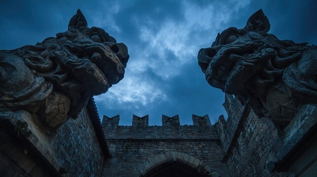 gargoyle. Two tall gargoyle sculptures flanking an ancient castle gate at twilight. real-estate listings, architecture portfolios, designed for real-estate listing and luxury residence showcases.