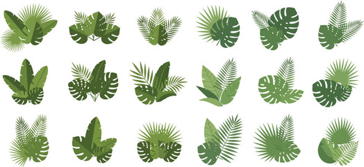 Set of tropical leaves and plants, including palm leaves and monstera, isolated on white background, perfect for summer designs and jungle themes. © Akun