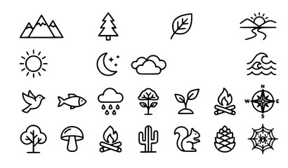 A clean flat vector illustration set of public navigation outline icons displayed in a balanced grid on a solid white background. The collection includes toilet symbols, food court icons, elevator sig © MDSUJON