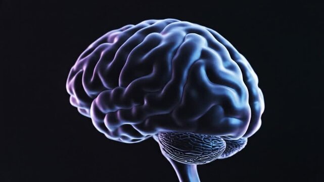 Ultra realistic medical CGI render of human brain gently floating with slow natural movement detailed anatomical textures reflective soft tissue surface blue purple ambient highlights dark cinematic b