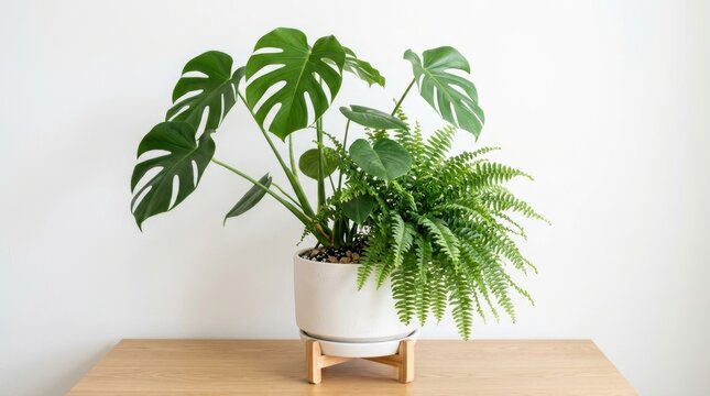 Monstera deliciosa and fern in white ceramic pot, tropical houseplants on wooden table, minimalist indoor garden decor with green foliage