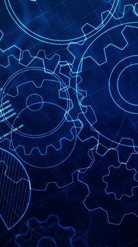 Vertical futuristic tech background featuring glowing blue gear cogs, technical engineering blueprint lines, and program code data elements