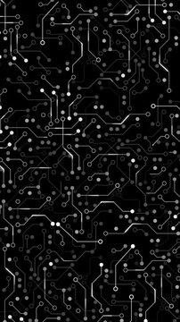 Vertical video abstract digital background featuring minimal white electrical circuit board patterns and glowing PCB tracks on a black background
