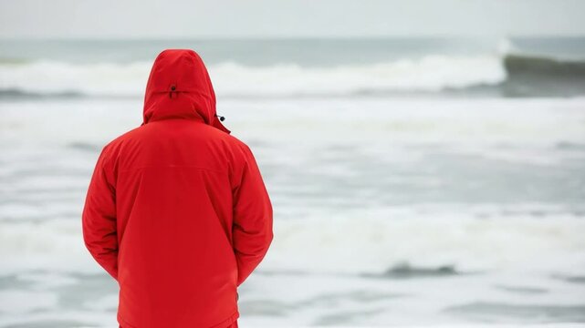 Lone Male Coast Guard Rescuer in Red Parka Watching Stormy Winter Sea