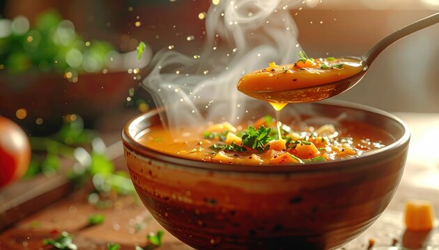 Close-up of steaming soup being scooped from a rustic bowl
