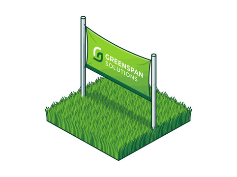 Isometric Green Banner Illustration on Grass Patch, Ecological Sustainability Signage for Branding and Eco-Friendly Solutions