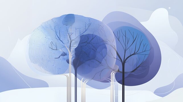 Artistic abstract trees shaped like human brain with blue concentric lines representing artificial intelligence and machine learning