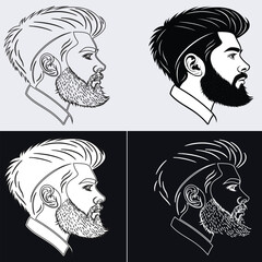 Vector side profile portrait of a bearded man with a fade haircut and pompadour hairstyle, featuring four distinct black and white variations. © Md
