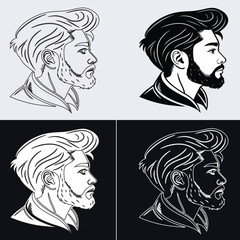 Vector side profile portrait of a bearded man wearing a jacket with modern hairstyle, featuring four distinct black and white variations © Md