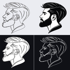Vector side profile portrait of a handsome bearded man with modern hairstyle, featuring four distinct black and white line art variations. © Md