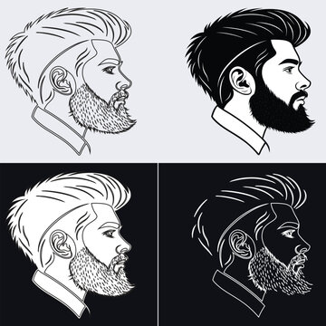 Vector side profile portrait of a bearded man with a fade haircut and pompadour hairstyle, featuring four distinct black and white variations.