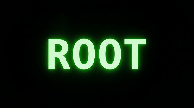 Green neon word 'root' glowing intensely on a black background, signifying foundational access or origin