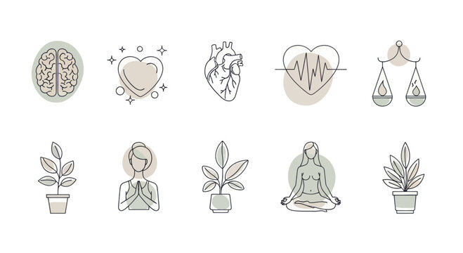 Set of hand drawn line art icons representing health wellness and mindfulness.