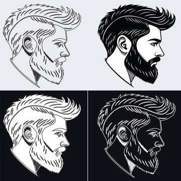 Vector side profile portrait of a bearded man with an undercut mohawk hairstyle, featuring four distinct black and white variations