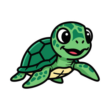 Cute Cartoon Sea Turtle Swimming Happily.