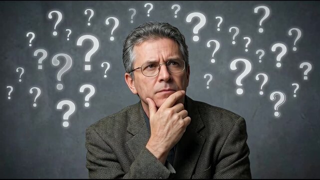 Thoughtful senior man surrounded by question marks on gray background