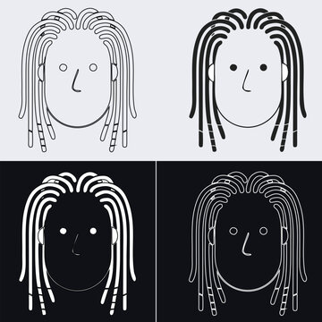 Minimalist vector illustration set of a person with dreadlocks hair style, featuring four distinct black and white line art variations