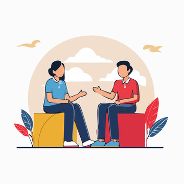 Two people talking and gesturing while sitting on cubes