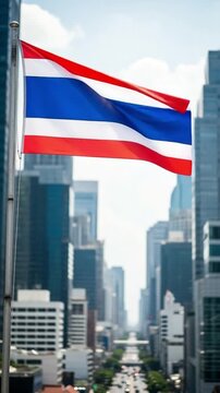 Thai Flag Waving Against Modern City Skyline Backdrop in Urban Business District